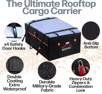 XXL 28 cuft Car Rooftop Cargo Carrier Bag Extra Waterproof Car Roof Storage with 10 Heavy Duty Tie Down Straps and 4 Hooks Roof Bag Cargo Carrier for Top of Vehicle with/Without Rack