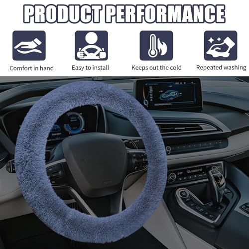 Wuyaoyao Fuzzy Car Steering Wheel Cover, 15'' Soft Auto Steering Wheel Protector for Warm Winter, Elastic Anti-Slip Fluffy Wheel Covers, Universal Car Accessories for Women and Men (Gray)