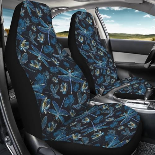 Dragonfly Print Automotive Seat Covers Front Only, Comfortable Breathable Front Car Seat Covers Universal Fit Sedan Van Truck SUV - color: Black and Blue - Dragonfly