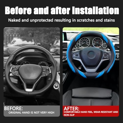 15 Inch Car Leather Steering Wheel Cover, Automotive Accessories Elastic Breathable Anti-Slip Soft Wheel Protector Fits Men and Women, Suitable for SUVs, Trucks, Vehicles and RVs (Blue) - color: Blue