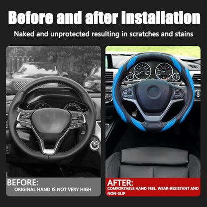 15 Inch Car Leather Steering Wheel Cover, Automotive Accessories Elastic Breathable Anti-Slip Soft Wheel Protector Fits Men and Women, Suitable for SUVs, Trucks, Vehicles and RVs (Blue) - color: Blue