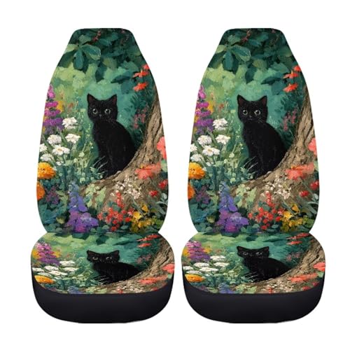 Cat Daisy Flower Oil Painting Print Car Seat Covers, 2 Pcs Washable Auto Interior Accessories Car Front Seats Protectors, Breathable Automotive Seat Cushion for Most Vehicles - color: Cat Daisy Flower Oil Painting