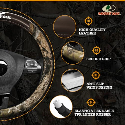 Mossy Oak Camo Steering Wheel Cover, Durable Grip Car Steering Cover, Universal Fit 14.5"–15.5" - Made with Premium Brown PVC Leather and Cotton Fabric, Anti-Slip - Official Licensed Product - color: Brown