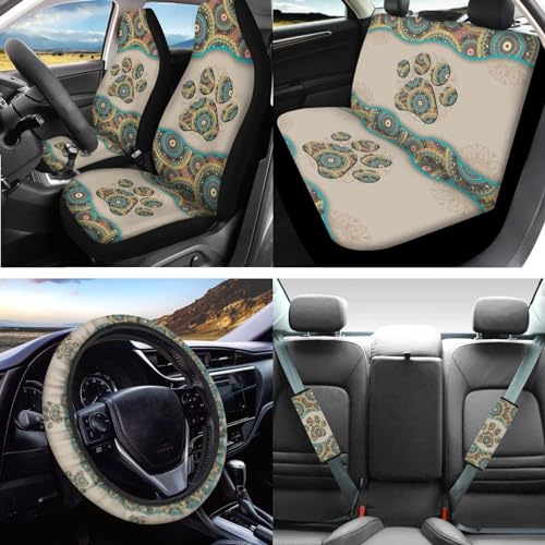 Aztec Tribal Dog Paw Car Seat Covers Front Back Seat Protection 12 Pack Set of Vehicle Interior Seat Mat Boho Pet Paw Auto Steering Wheel Cover Seat Belt Keys Ring,Universal Fit Cars,Truck,SUV - color: Bohemian Dog Paw
