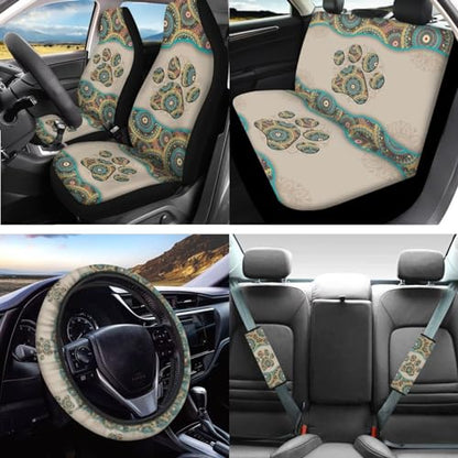 Aztec Tribal Dog Paw Car Seat Covers Front Back Seat Protection 12 Pack Set of Vehicle Interior Seat Mat Boho Pet Paw Auto Steering Wheel Cover Seat Belt Keys Ring,Universal Fit Cars,Truck,SUV - color: Bohemian Dog Paw