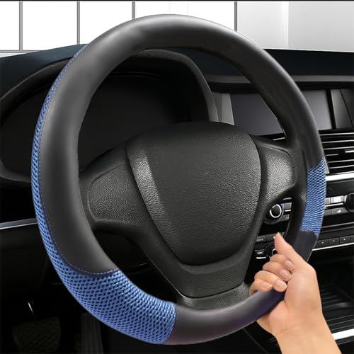 Car Steering Wheel Cover, 15" Breathable Microfiber Leather Ice Silk Mesh Wheel Wrap, Warm in Winter & Cool in Summer, Comfortable Anti-Slip Auto Interior Decorative Protector(Blue) - color: Blue