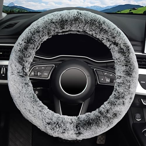 KAFEEK Frost Fluffy Microfiber Plush Steering Wheel Cover for Winter Warm, Universal 15 inch Soft Fuzzy Steering Wheel Cover,Cool Black - color: gray, size: Standard Size[14 1/2''-15'']