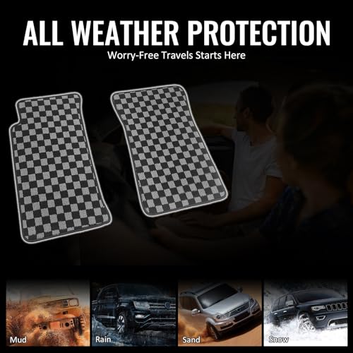 IKON MOTORSPORTS Loop Pile Tufted Car Floor Mats, Compatible with 1990-1997 Mazda Miata MX5 2-Door 2DR, Checkered Grey Black Plaid, All Weather Anti-Slip 2PCS Set Car Protector Carpets