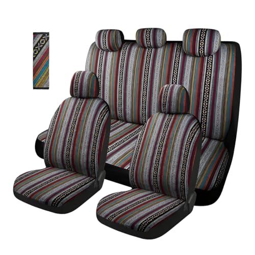 5PCS Baja Saddle Blanket Car Seat Covers, Front Set Breathable Washable Seat Covers with Seatbelt Pad, Striped Woven Cloth Airbag Compatible Seats Protector for Most Vehicles (10pcs) - color: 10pcs