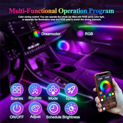 Acrylic Interior Car LED Strip Light with Wireless APP, RGB 18 in 1 with 175 inches 593 LEDs Fiber Optic Ambient Lighting Kits, 16 Million Colors Sound Active Function Car Neon Lights - color: Dreamcolor 18 in 1