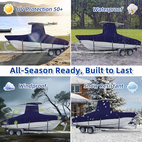 Marine Grade Waterproof Center Console Boat Cover with T Top Roof, Tear Resistant Trailerable Storage Covers, All-Weather Protection T-Top Boat Cover 26-28 ft, Beam Width Up to 116", Navy - color: Navy, size: 26'-28'Long (Beam width up to 116'')
