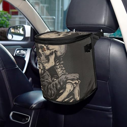 MNSRUU Car Trash Can with Lid, Cat Snuggled Human Skeletal Skull Car Trash Bag Hanging Organizers and Storage for Front Back Seat, Leak-Proof Trash Bin - color: Skull I9450
