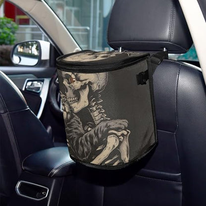 MNSRUU Car Trash Can with Lid, Cat Snuggled Human Skeletal Skull Car Trash Bag Hanging Organizers and Storage for Front Back Seat, Leak-Proof Trash Bin - color: Skull I9450