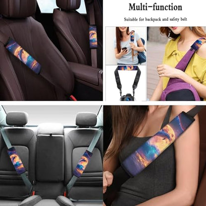 Dolphin Moon Printed 15 Pcs Car Seat Cover Full Set, Stretchy Car Accessories Set Front Rear Seat Covers with Steering Wheel Cover Car Headrest Cover Seat Belt Covers Car Coaster - color: Purple and Orange-Dolphin Moon