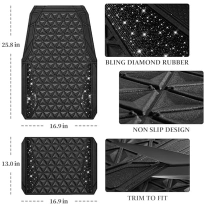 CAR PASS Bling Diamond Car Mats Rubber Floor Mats Full Set Anti-Slip 3D Rhombus Waterproof Trim to Fit Liner Universal Glitter Crystal Sparkly Shining Rhinestone Girl Women SUV Sedan, Black Diamond - color: Black Diamond