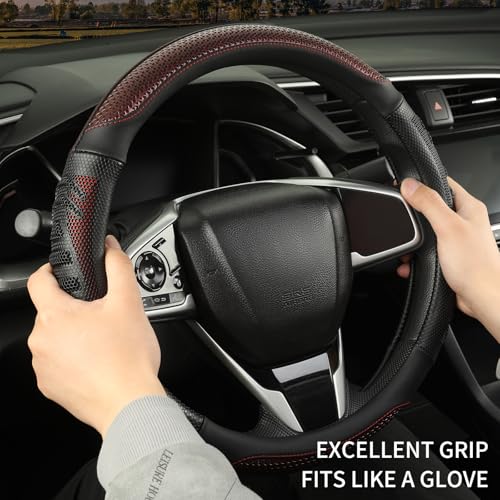 D Shaped Steering Wheel Cover Great Grip with 3D Honeycomb Hole, Anti-Slip Sporty Design, Universal 15 inch(Black with Burgundy) - color: Black with Burgundy, size: D Shaped-Middle[14.5''-15'']