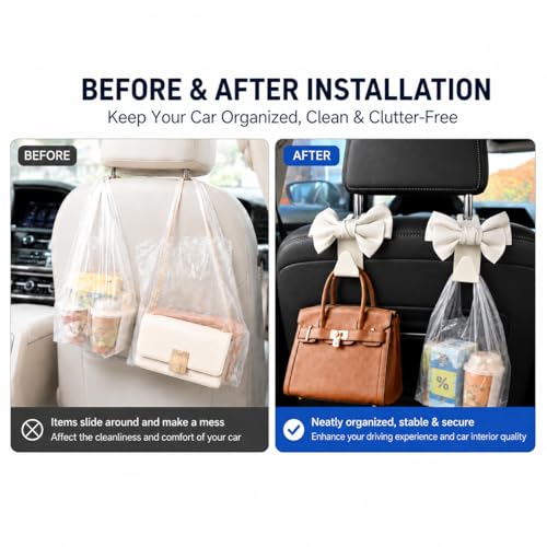 2 Pack Car Purse Hooks, Cute Bow Car Seat Headrest Hook Hanger for Purses and Bags.(white) - color: white