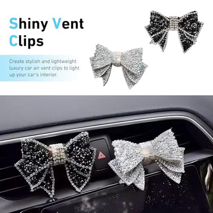 2 PCS Bling Bow Car Vent Clips, Crystal Rhinestone Air Conditioning Outlet Clip, Cute Car Interior Decorative Accessories, Universal Decor Charm Clips for Women Girls (Black & Silver)