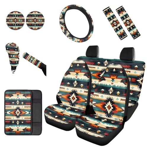 Dreaweet Aztec Car Seat Covers Full Set,Native American Geometric Car Deocr Set of 12,Universal Steering Wheel Cover with Center Console Cover,Cup Coasters,Seatbelt Covers,Gear Shift Handbrake Cover - color: Aztec Geometric