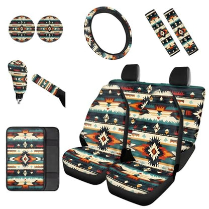 Dreaweet Aztec Car Seat Covers Full Set,Native American Geometric Car Deocr Set of 12,Universal Steering Wheel Cover with Center Console Cover,Cup Coasters,Seatbelt Covers,Gear Shift Handbrake Cover - color: Aztec Geometric