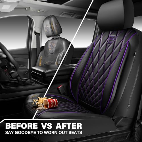 CAR PASS Piping Luxury Faux Leather Two Front Car Seat Covers, Waterproof Anti Slip Premium Automotive Seat Covers,Universal Fit for Suvs,Vans,Trucks, Armrest Airbag Compatible (Black and Purple) - color: Black and Purple, size: Two Front