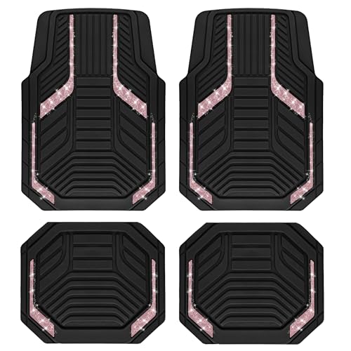 PIC AUTO Car Floor Mats, Pink Sparkly Crystal Bling Glitter Car Mats Set, Front and Rear Heavy Duty Rubber Car Mats with Anti-Slip Backing, All Weather, Trim-to-Fit for SUVs, Trucks, Sedan, Vans - color: Pink Glitter