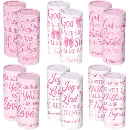 Outus 12 Pcs Christian Car Tissues Cylinder Holder with 3 Ply Facial Tissue Bulk Pink Bow Religious Round Tissue Holder Inspirational Scripture Travel Tissues Boxes Container for Car Cup Home Office - style: Religious Bow