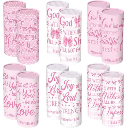 Outus 12 Pcs Christian Car Tissues Cylinder Holder with 3 Ply Facial Tissue Bulk Pink Bow Religious Round Tissue Holder Inspirational Scripture Travel Tissues Boxes Container for Car Cup Home Office - style: Religious Bow