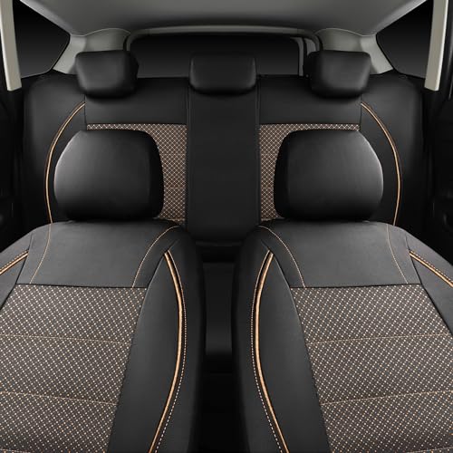 CAR PASS Piping PU Leather Car Seat Cover Full Set,Inside Zipper Design and Reserved Opening Holes,Airbag Compatible,Universal FIT for Car, SUVs,Van,Small Trucks（Full Set, Black & Gold） - color: Black and Gold