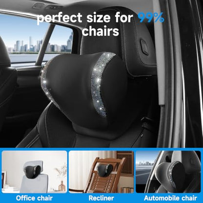 2 Pack Diamond Car Neck Pillow for Women, Memory Foam Neck Pillow for Chair for Lower Back Pain Relief, Car Headrest Pillow with Adjustable Strap, Comfort Softness Neck Support Pillow(Black)
