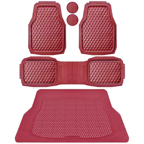 CAR PASS Heavy Duty Rubber Red Car Floor Mats & Cargo Liners, Deep Dish All-Weather Trunk Mats Durable Anti-Slip 3D Rhombus Waterproof Trim to Fit Liner Universal Fit Auto,Sedan,SUV,Truck, Burgundy - color: red with cargo liner