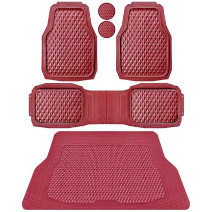 CAR PASS Heavy Duty Rubber Red Car Floor Mats & Cargo Liners, Deep Dish All-Weather Trunk Mats Durable Anti-Slip 3D Rhombus Waterproof Trim to Fit Liner Universal Fit Auto,Sedan,SUV,Truck, Burgundy - color: red with cargo liner
