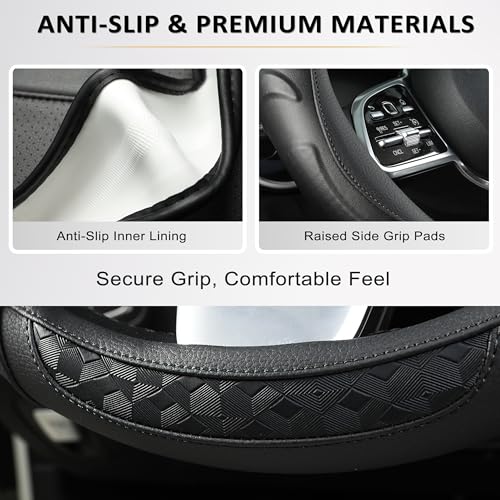 Black Seal Custom-Fit Steering Wheel Cover for Ford F-150, F-250, F-350, Expedition, 15.5–16", Anti-Slip PU Leather (Black) - color: Black