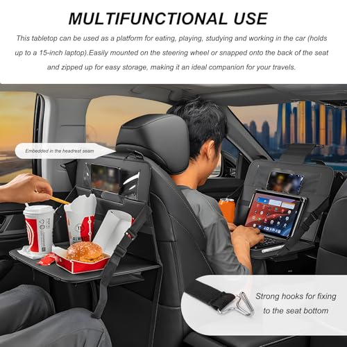 Car Steering Wheel Tray, Foldable Car Laptop Desk Eating Food Tray with Transparent Holder & Tissue Box, Adjustable Back Seat Headrest Table for in-Car Dining Working Studying (Beige) - color: Beige
