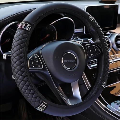 Microfiber Leather Steering Wheel Cover Universal 15 inch, with Bling Bling Crystal Rhinestones, Car Steering Wheel Anti-Slip Protector for Women Girls (Black)