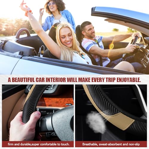 Car Steering Wheel Cover, Steering Wheel Protector, Universal 14.5-15 Inch Microfiber Leather Breathable Auto Steering Wheel Covers, Carbon Fiber Steering Wheel Cover for Women Men (Beige) - color: Beige