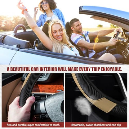Car Steering Wheel Cover, Steering Wheel Protector, Universal 14.5-15 Inch Microfiber Leather Breathable Auto Steering Wheel Covers, Carbon Fiber Steering Wheel Cover for Women Men (Beige) - color: Beige