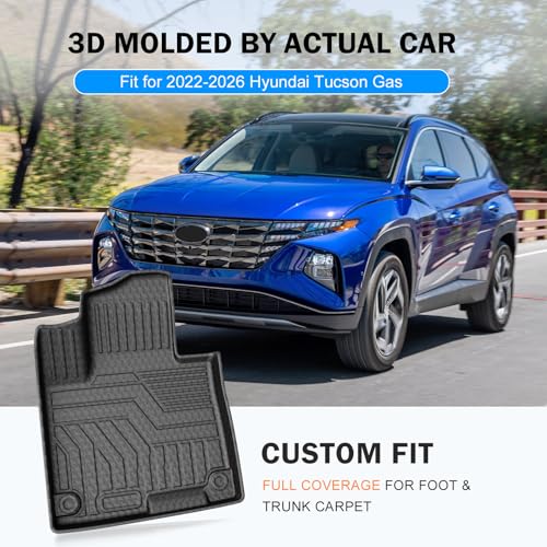 KUST Floor Mats Set for 2022-2026 Hyundai Tucson Gas (Not for Hybrid or PHEV), All Weather Floor Liners & Rear Trunk Cargo Mat for Tucson Accessories, TPE Rubber Raised Edge, 4pcs - style: For │ Tucson 2022-2026 │ Full Set