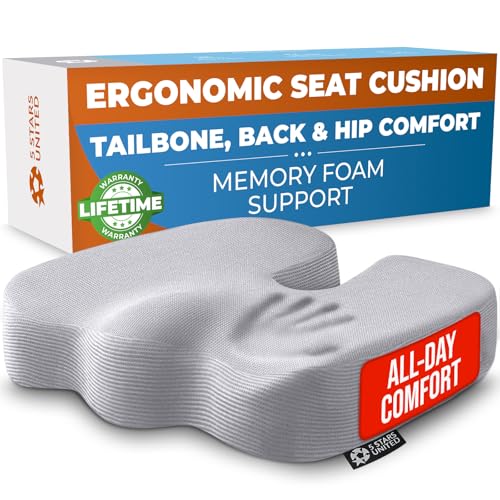 5 STARS UNITED Seat Cushion - Memory Foam Chair Cushion for Tailbone Pain Relief - Ergonomic Support for Coccyx, Sciatica & Butt - Office, Desk & Gaming Chair, Car Seat, Wheelchair, Airplane, L Gray - color: Light Gray Mesh, size: Large