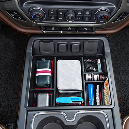 Console Organizer Compatible with 2014-2018 Chevy Silverado/GMC Sierra 1500 and 2015-2019 Silverado/Sierra 2500HD/3500HD Accessories Compartment Insert Tray - Full Console w/Bucket Seats ONLY - color: Red Trim