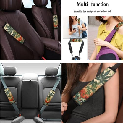 Marijuana Printed 15 Pcs Car Seat Cover Full Set, Protective Car Accessory Set Seat Covers with Steering Wheel Cover Car Headrest Cover Seat Belt Covers Car Coaster - color: Green and Brown-Marijuana