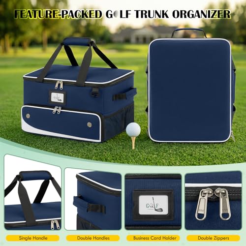 RAINSMORE Golf Trunk Organizer Golf Bag Organizers Golf Shoe Bag with Separate Ventilated Compartment for 2 Pair Shoes Golf Accessories for Balls, Gloves, Clothes - color: Blue