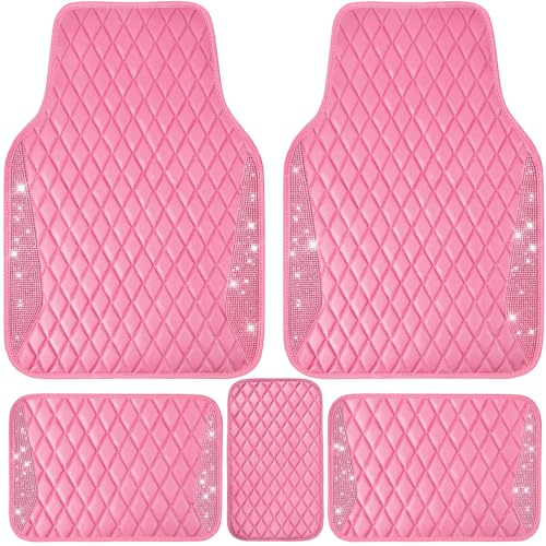 CAR PASS Bling Leather Car Mats Shining Diamond Floor Mats Crystal Rhinestones Sparkly Glitter Carpet Anti-Slip Waterproof Pad Universal Fit for Automotive SUV, Sedan, Van, 5pcs for Girl Women Pink - color: Pink Leather Diamond