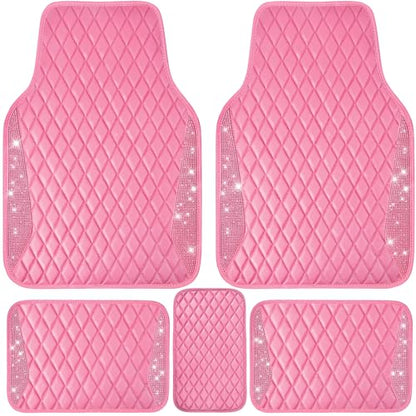 CAR PASS Bling Leather Car Mats Shining Diamond Floor Mats Crystal Rhinestones Sparkly Glitter Carpet Anti-Slip Waterproof Pad Universal Fit for Automotive SUV, Sedan, Van, 5pcs for Girl Women Pink - color: Pink Leather Diamond