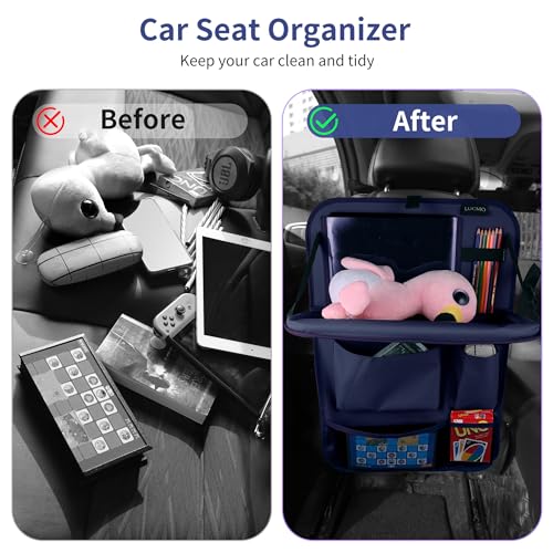 Car Backseat Organizer with Tablet Holder-2 Pcs,6 Storage Pockets Car Storage Organizer with Foldable Food Tray,Protectors Kick Mats Travel Accessories-Dark Blue - color: Admiral Blue, size: 2 Pack with Food Tray