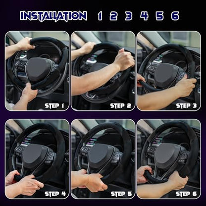 Soft Leather Steering Wheel Cover with Breathable Design and Anti-Slip Grip, Fully Compatible with Tesla, Toyota, Honda, Nissan 14.5-15.2 inch Round Steering Wheel（Sedans and SUVs） - color: DOUBLE-BLACK