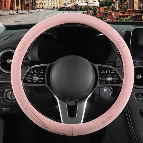 Pink Suede Steering Wheel Cover, Breathable Non-Slip Sweat-Proof Wear-Resistant No Pilling, Warm in Winter and Cool in Summer, Universal 15 inch - color: Pink, size: Round-M[14.5''-15'']