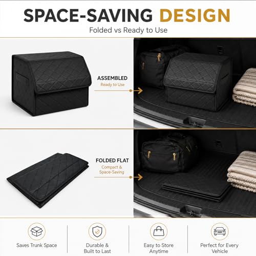 2Pack Leather Trunk Organizer for SUV & Sedans - Extra Large Foldable Car Storage Box with Lid, Adjustable Removable Dividers and Carry Handle, Collapsible Auto Cargo Organizer Black