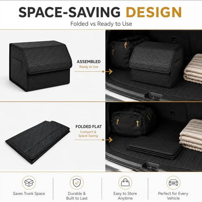 2Pack Leather Trunk Organizer for SUV & Sedans - Extra Large Foldable Car Storage Box with Lid, Adjustable Removable Dividers and Carry Handle, Collapsible Auto Cargo Organizer Black