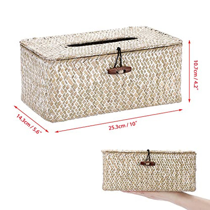 Sumnacon Rectangle Natural Seagrass Tissue Box Cover,Woven Tissue Box with Bottom,Farmhouse Tissue Box Holder for Living Room Bathroom Vanity Toilet Table Desk Countertop Office Car,Whitewash - color: Whitewash, size: Medium